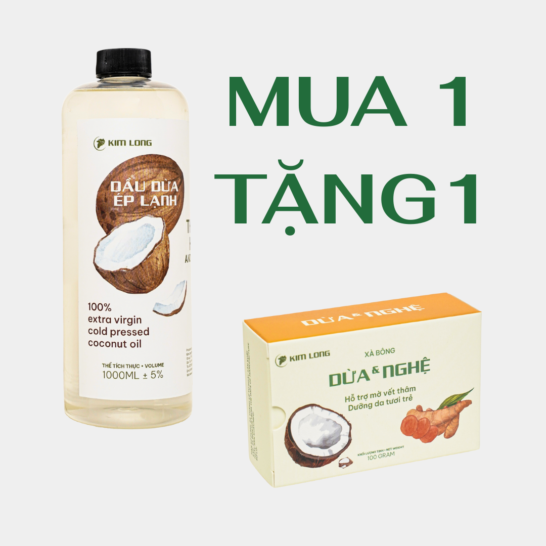 Combo Dầu Dừa Ép Lạnh 1000ml Tặng 1 Xà Bông Dừa Nghệ Handmade