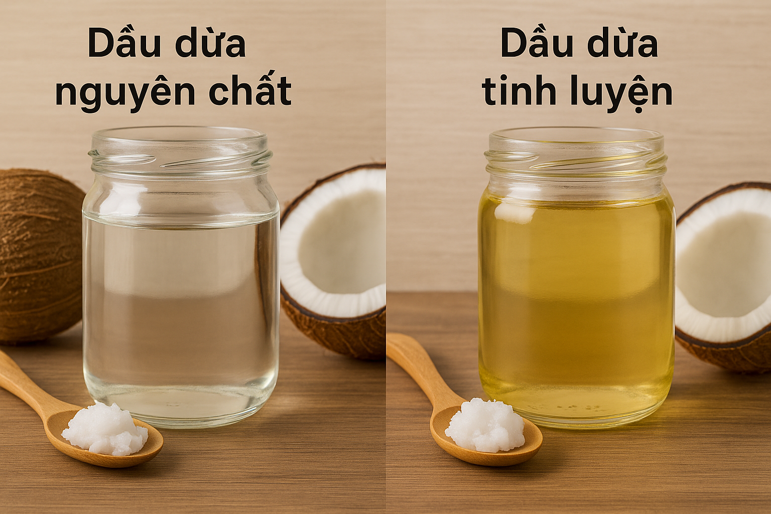 Comparison of two jars of coconut oil on a wooden surface: the left shows clear virgin coconut oil with a wooden spoon of solidified oil and a halved coconut; the right shows pale yellow refined coconut oil with similar props.