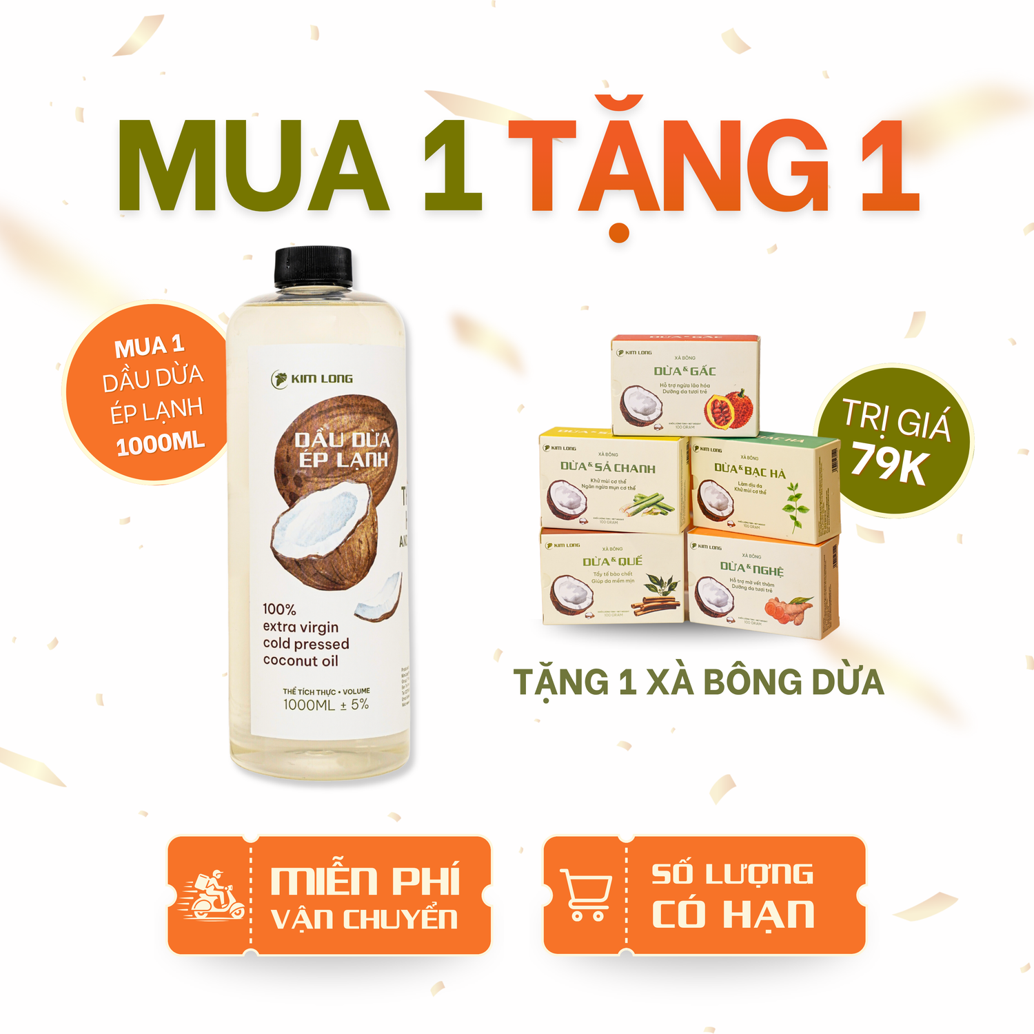 [Combo] Dầu dừa ép lạnh 1 lít TẶNG 1 xà bông
