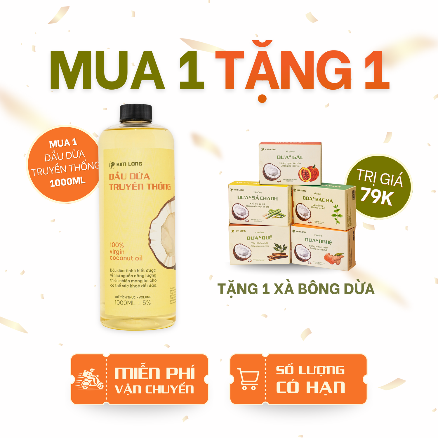 [Combo] Dầu dừa truyền thống 1 lit TẶNG 1 xà bông dừa