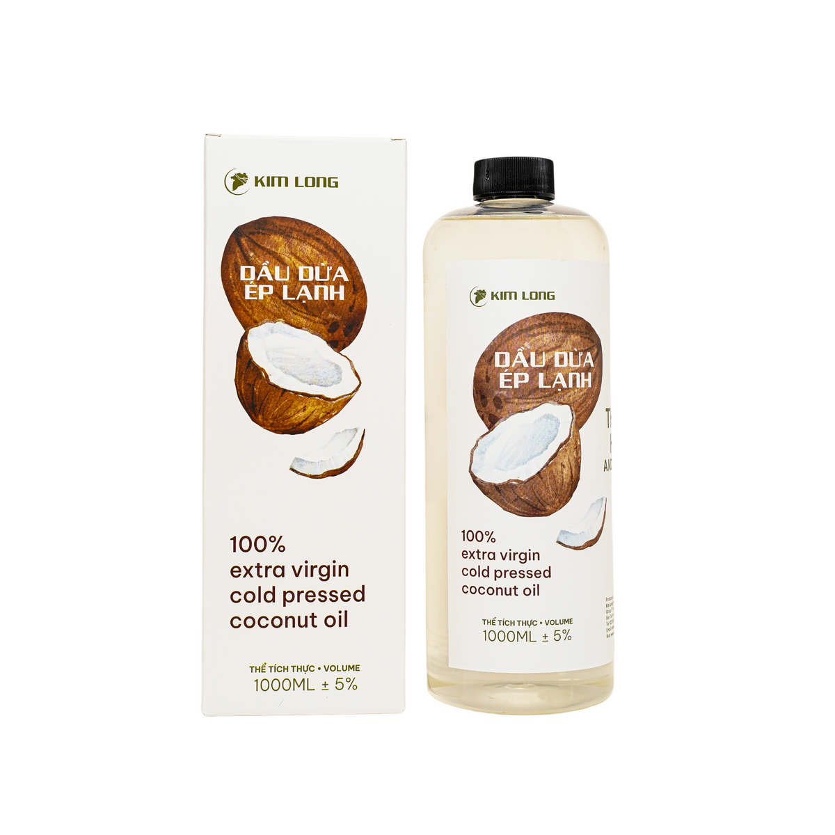 Dầu dừa ép lạnh Kim Long 1000ml – Cold-pressed pure coconut oil, 100% nguyên chất, giữ trọn dưỡng chất tự nhiên, an toàn cho da, tóc và sức khỏe – natural & pure.
