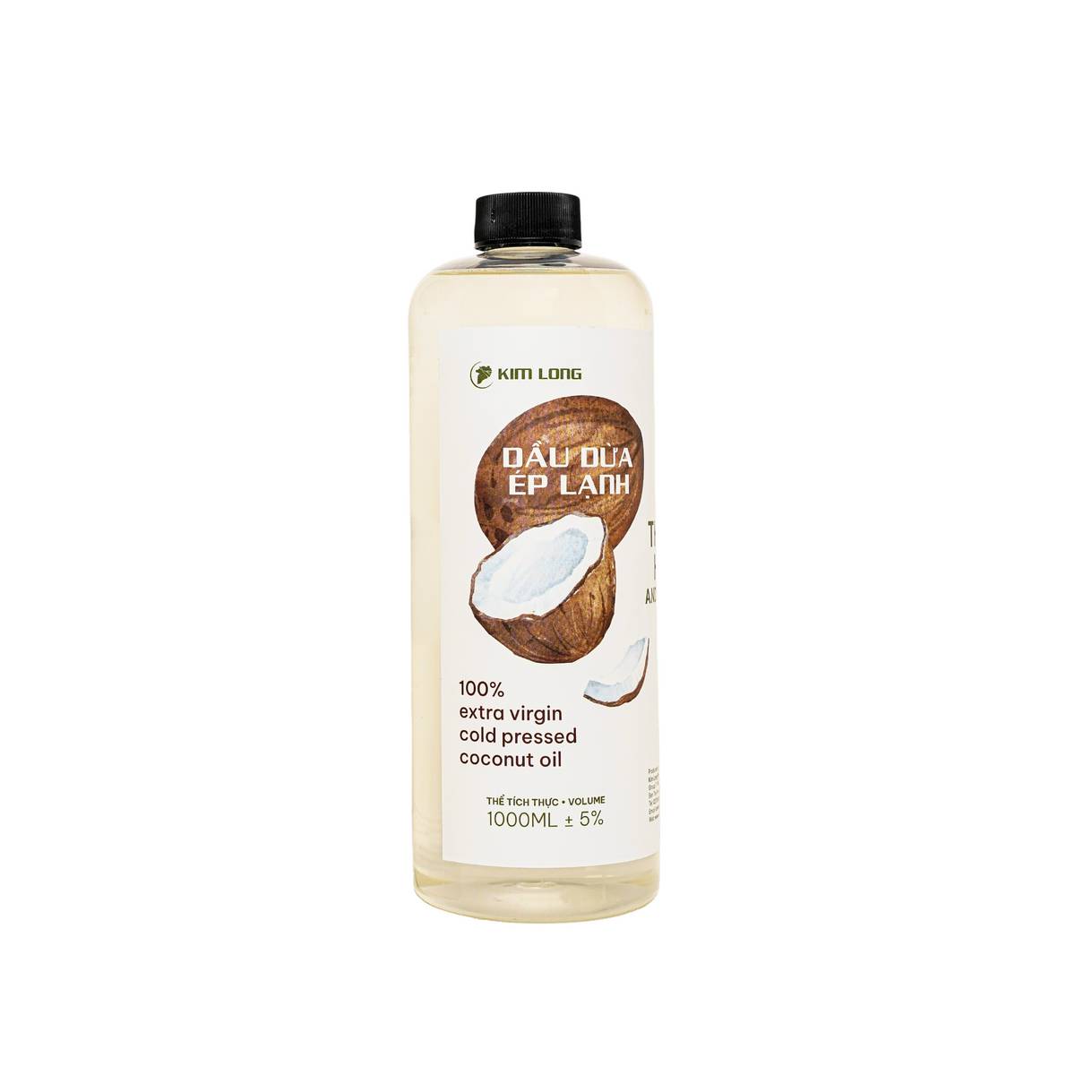 Dầu dừa ép lạnh Kim Long 1000ml – Cold-pressed pure coconut oil, 100% nguyên chất, giữ trọn dưỡng chất tự nhiên, an toàn cho da, tóc và sức khỏe – natural & pure.