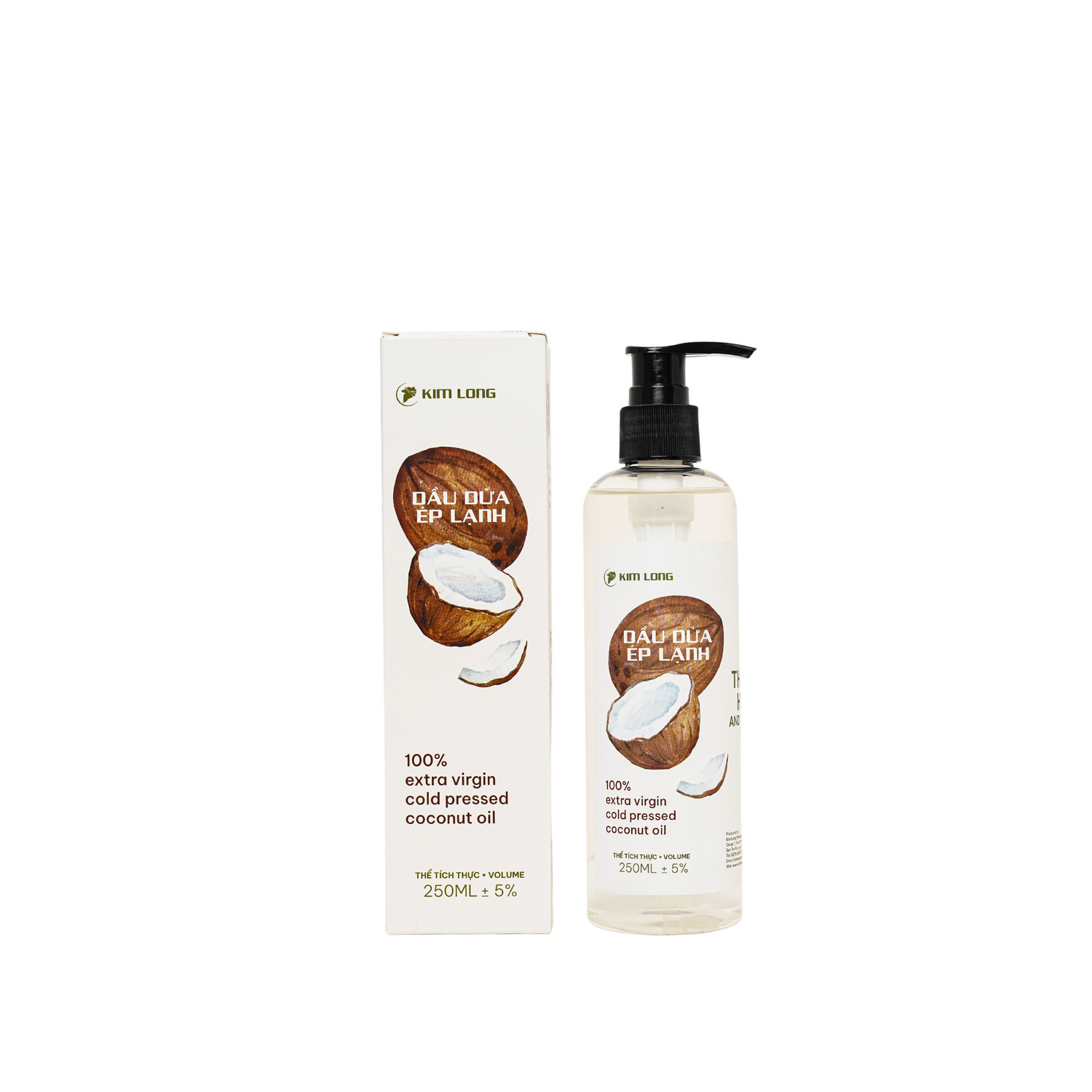 Dầu dừa ép lạnh Kim Long 250ml – Cold-pressed pure coconut oil, 100% nguyên chất, giữ trọn dưỡng chất tự nhiên, an toàn cho da, tóc và sức khỏe – natural & pure.