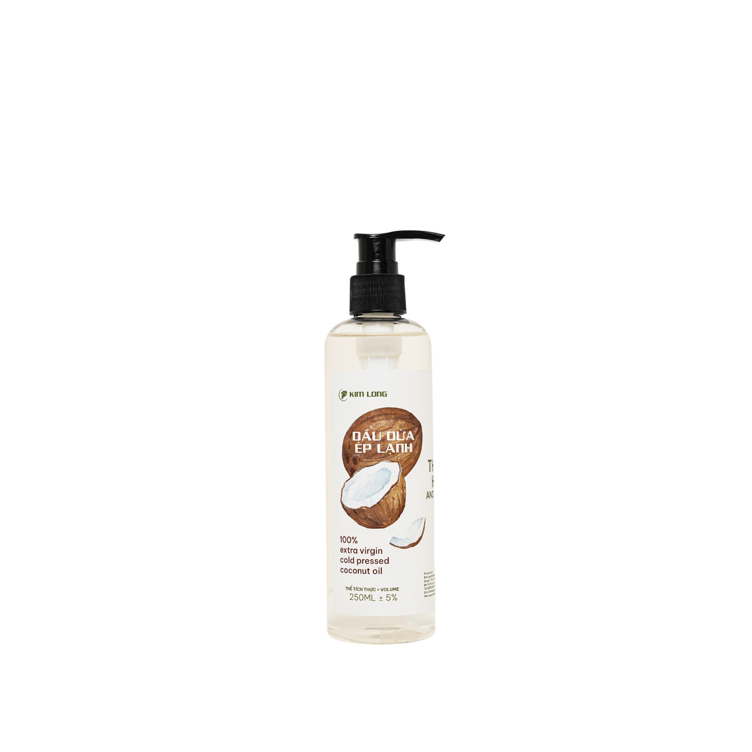 Dầu dừa ép lạnh Kim Long 250ml – Cold-pressed pure coconut oil, 100% nguyên chất, giữ trọn dưỡng chất tự nhiên, an toàn cho da, tóc và sức khỏe – natural & pure.