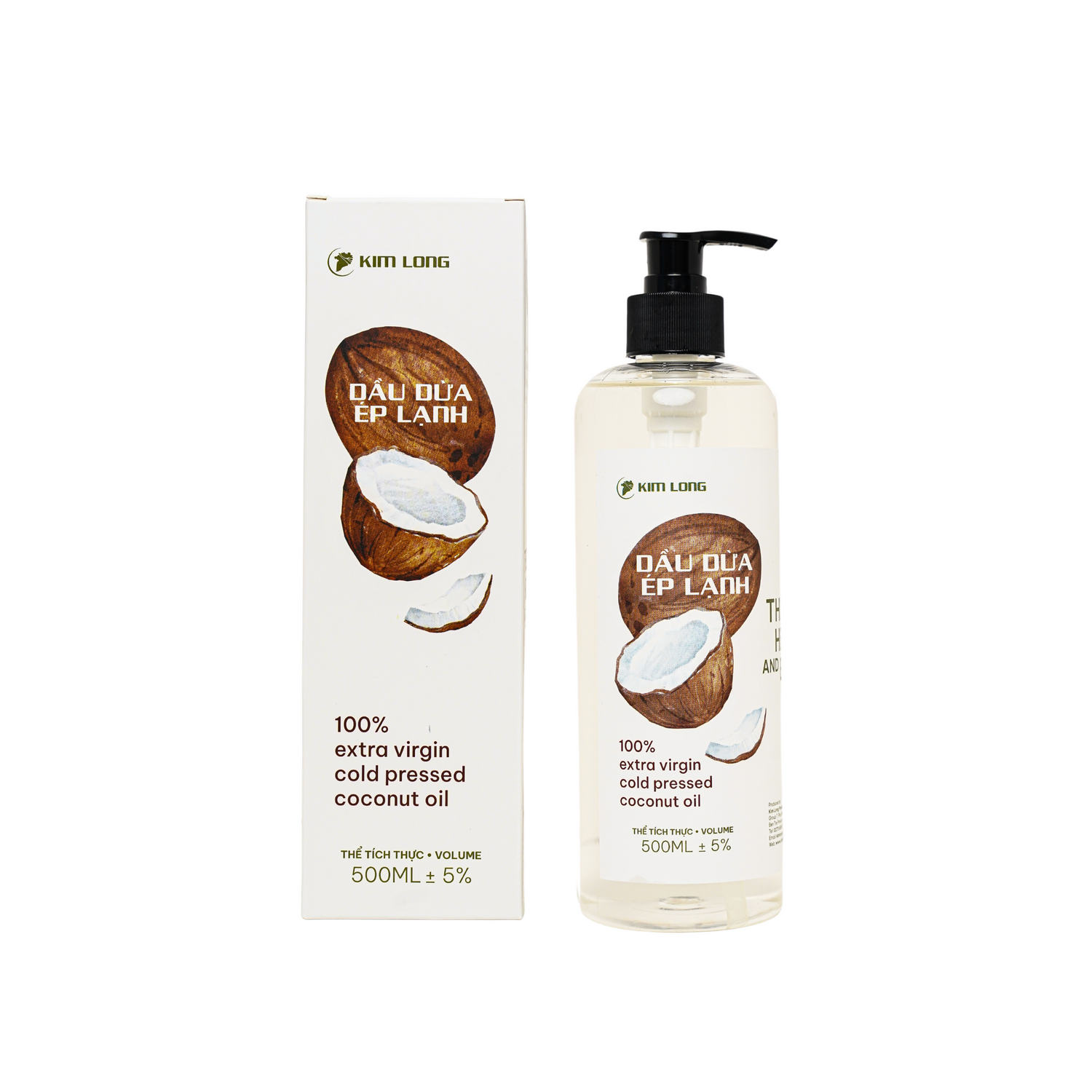 Dầu dừa ép lạnh Kim Long 500ml – Cold-pressed pure coconut oil, 100% nguyên chất, giữ trọn dưỡng chất tự nhiên, an toàn cho da, tóc và sức khỏe – natural & pure.
