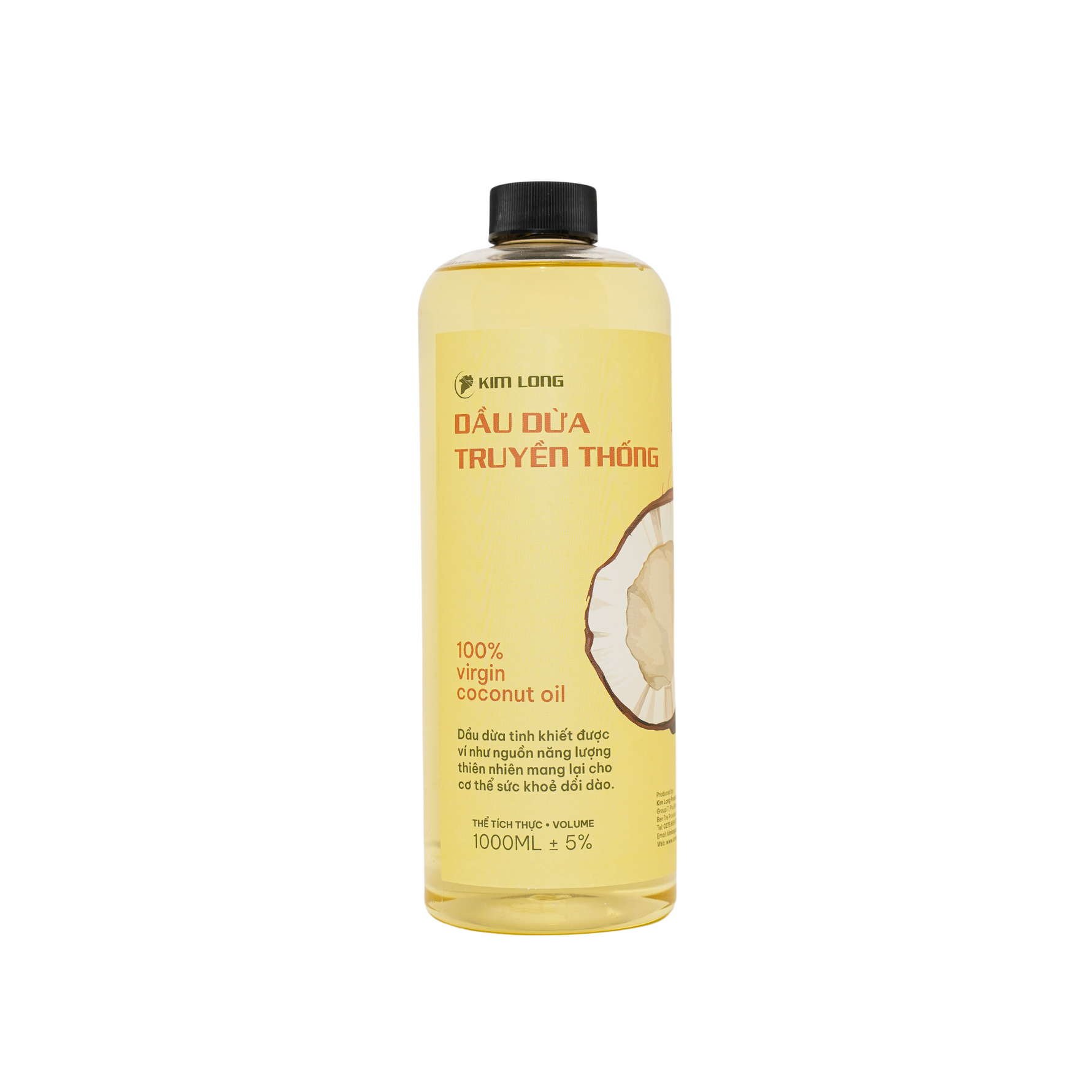 Dầu dừa truyền thống Kim Long 1000ml – Pure coconut oil, 100% nguyên chất, ép lạnh, an toàn cho tóc, da và sức khỏe – traditional cold-pressed coconut oil.