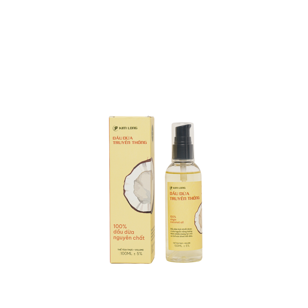 Dầu dừa truyền thống Kim Long 100ml – Pure coconut oil, 100% nguyên chất, ép lạnh, an toàn cho tóc, da và sức khỏe – traditional cold-pressed coconut oil.