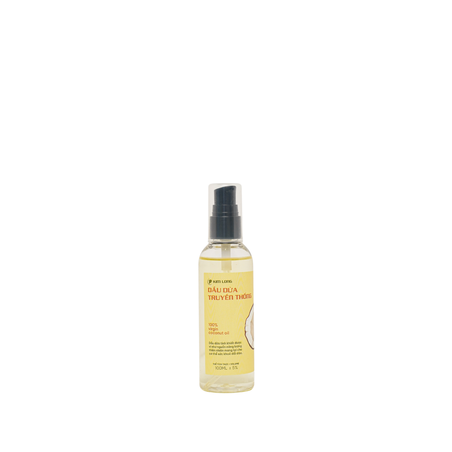 Dầu dừa truyền thống Kim Long 100ml – Pure coconut oil, 100% nguyên chất, ép lạnh, an toàn cho tóc, da và sức khỏe – traditional cold-pressed coconut oil.