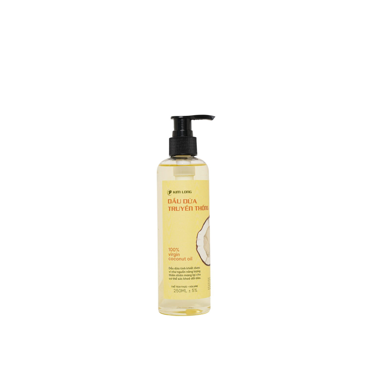 Dầu dừa truyền thống Kim Long 250ml – Pure coconut oil, 100% nguyên chất, ép lạnh, an toàn cho tóc, da và sức khỏe – traditional cold-pressed coconut oil.