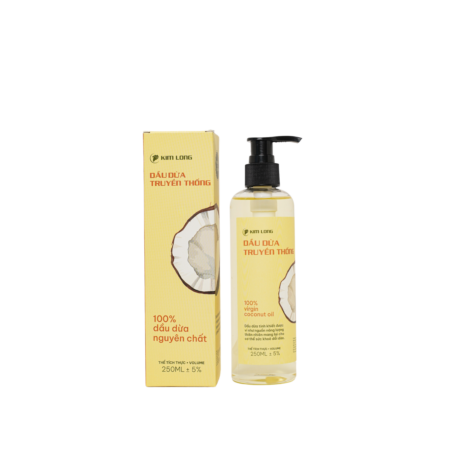 Dầu dừa truyền thống Kim Long 250ml – Pure coconut oil, 100% nguyên chất, ép lạnh, an toàn cho tóc, da và sức khỏe – traditional cold-pressed coconut oil.