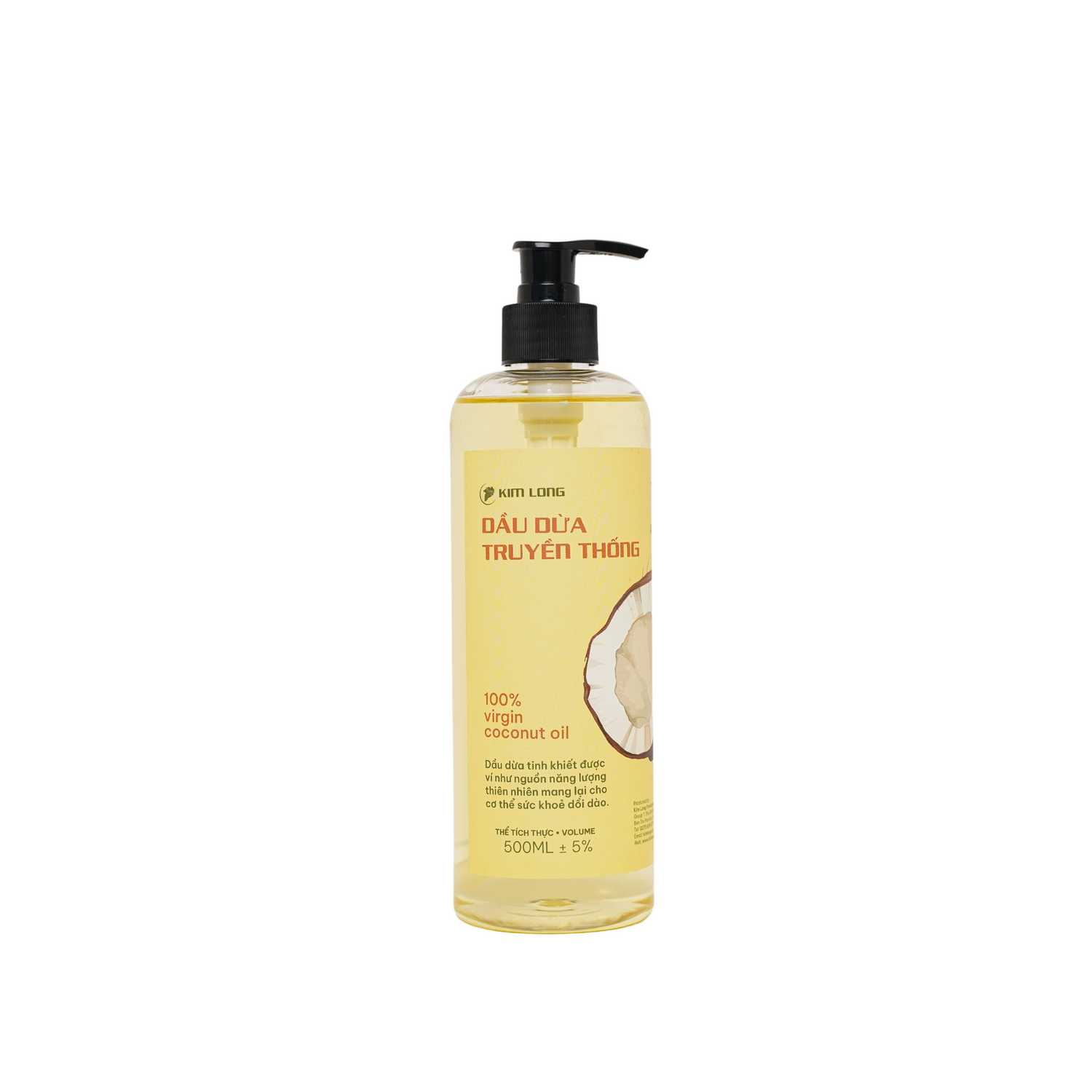 Dầu dừa truyền thống Kim Long 500ml – Pure coconut oil, 100% nguyên chất, ép lạnh, an toàn cho tóc, da và sức khỏe – traditional cold-pressed coconut oil.