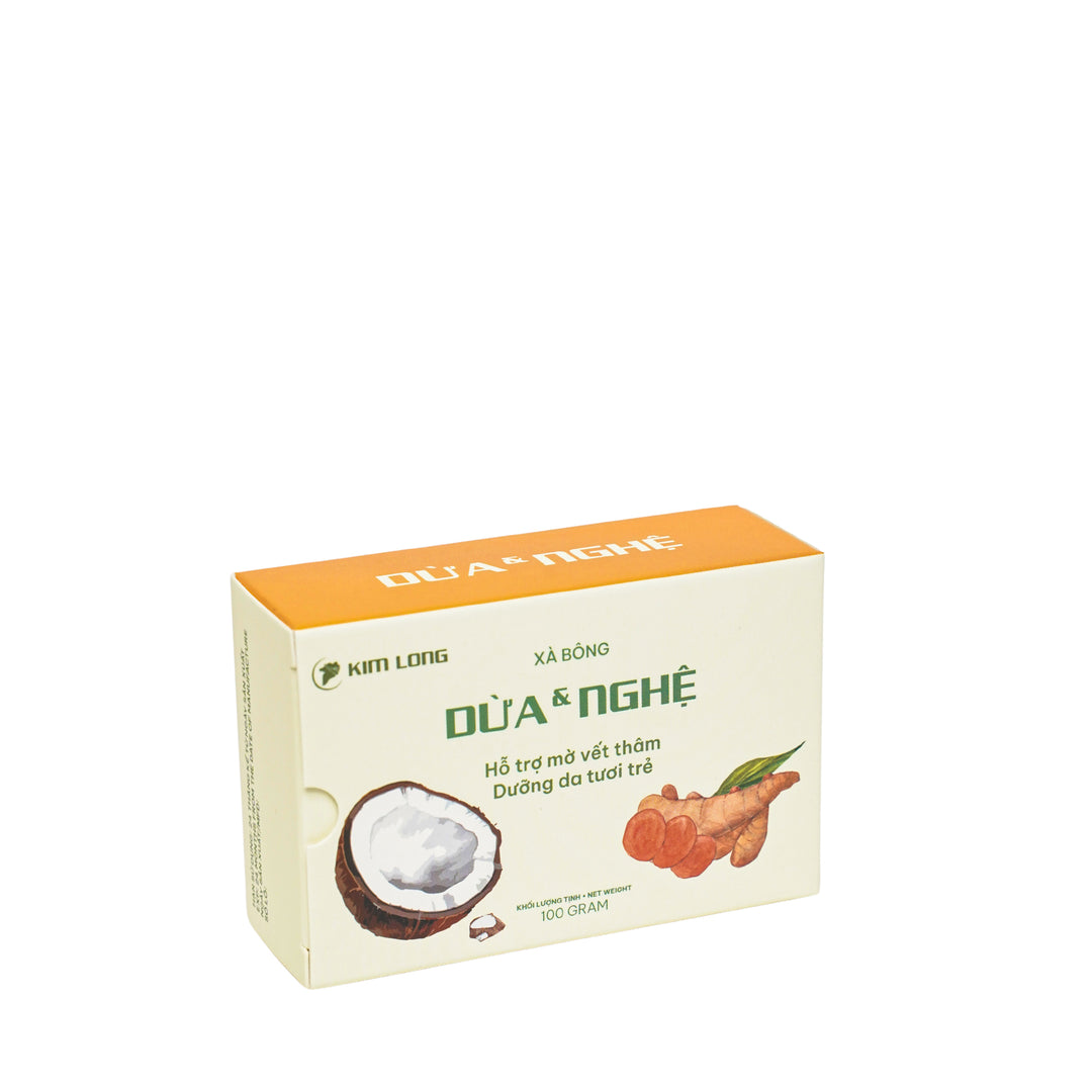 Xà bông dừa nghệ Kim Long – Handmade coconut soap with turmeric, 100% thiên nhiên, dưỡng da sáng mịn, an toàn cho mọi loại da – natural & skin-friendly.